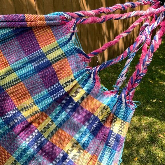 handmade hammock cotton purple yellow blue plaid tartan camping colourful‎ - Picture 6 of 9